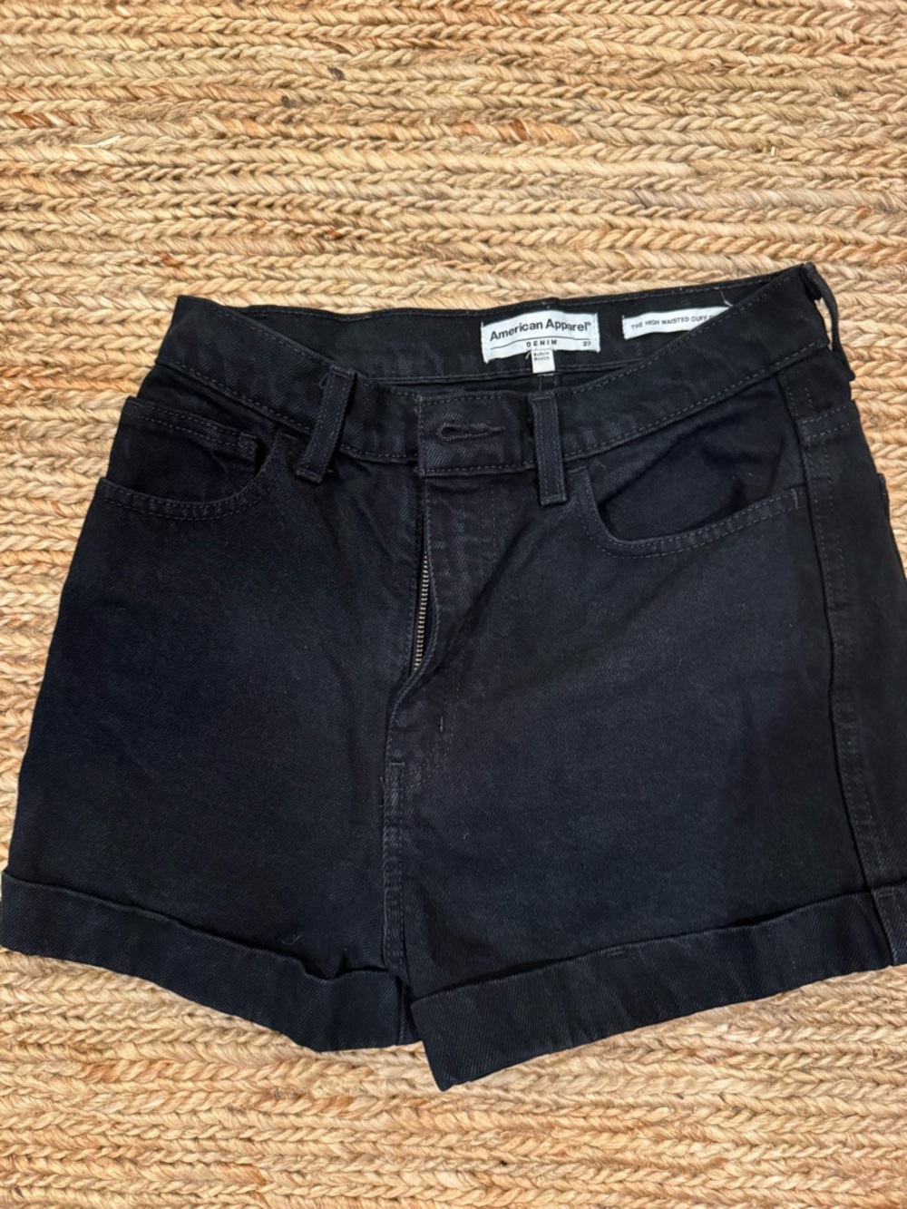 American Apparel Black High-Waist Cuffed Denim Shorts